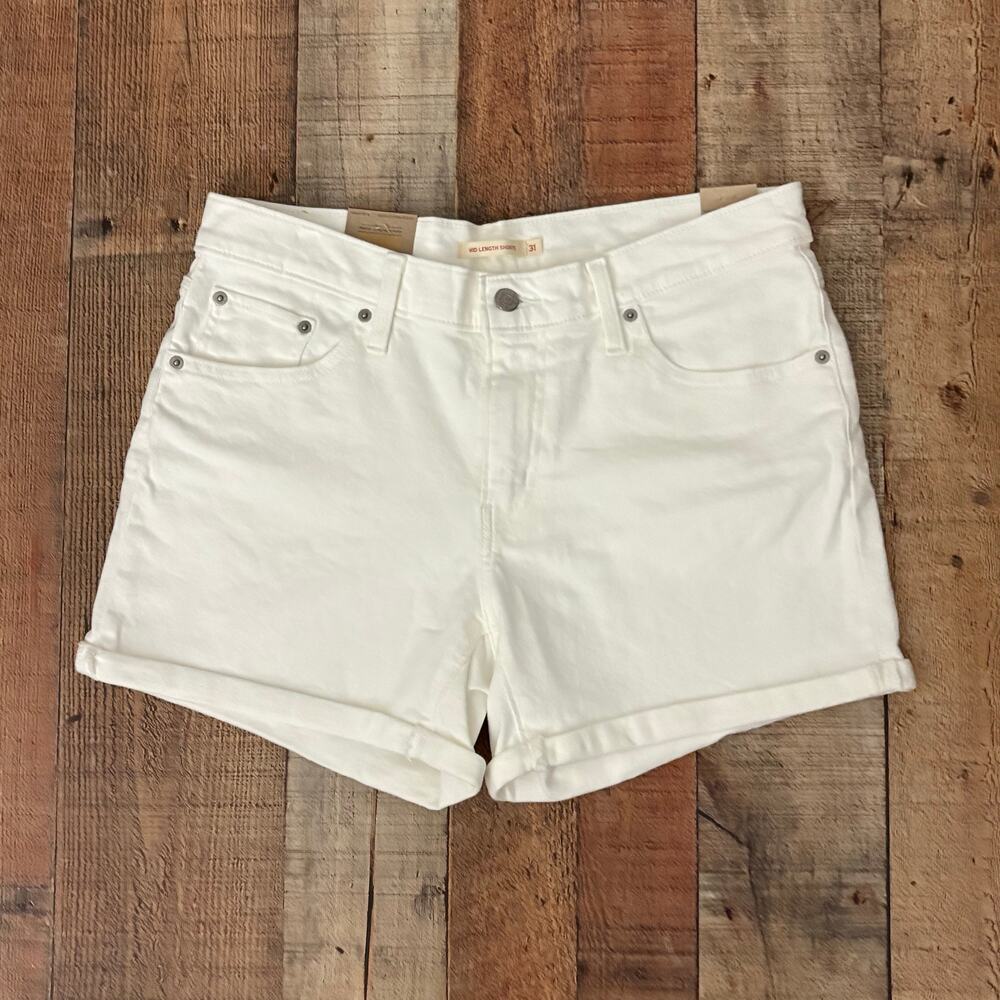 Levi White Mid Length Denim Shorts Size 31 Mid Rise Cuffed Summer Classic NWT - Picture 3 of 7